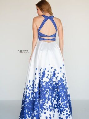 Vienna Prom 7811 White and Royal Blue Open-Back Ball Gown